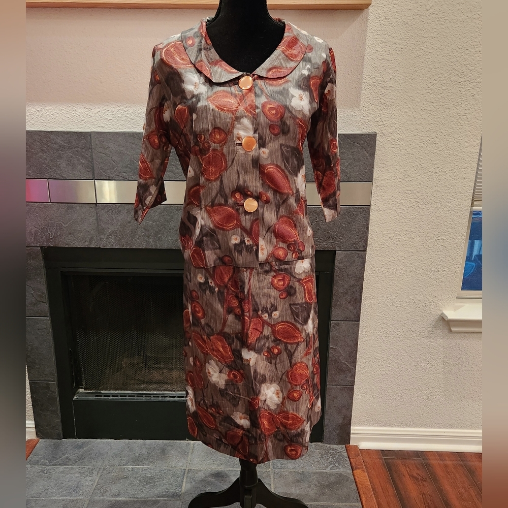 💚 VINTAGE 100% Painted Silk 60s Mod Blouse Skirt Set Lucite MCM Jackie